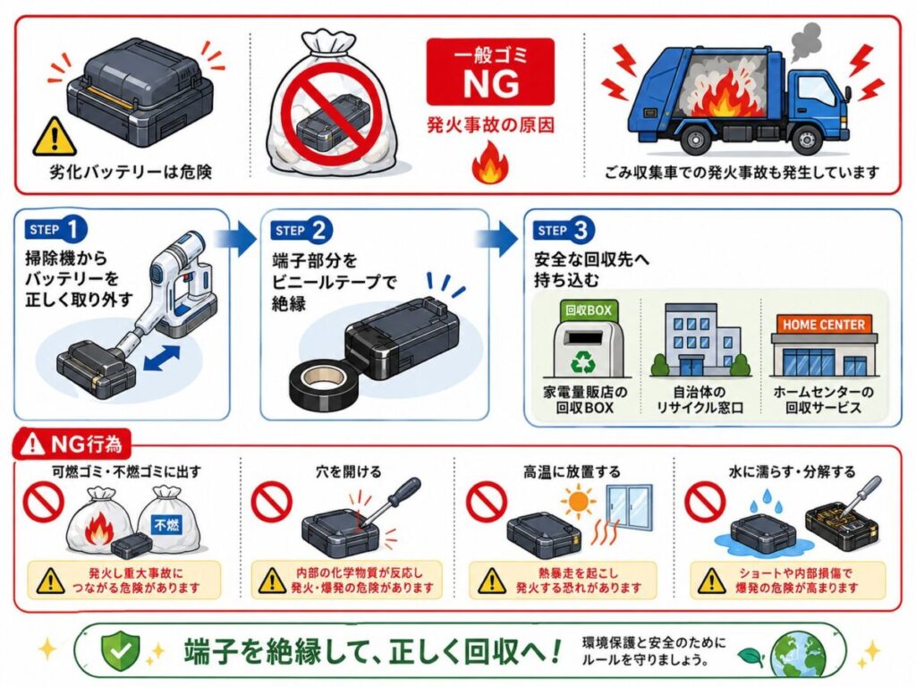古いバッテリーの正しい破棄方法(絶対にゴミに捨てない)