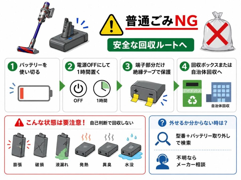 ダイソン等のコードレス掃除機のバッテリー捨て方