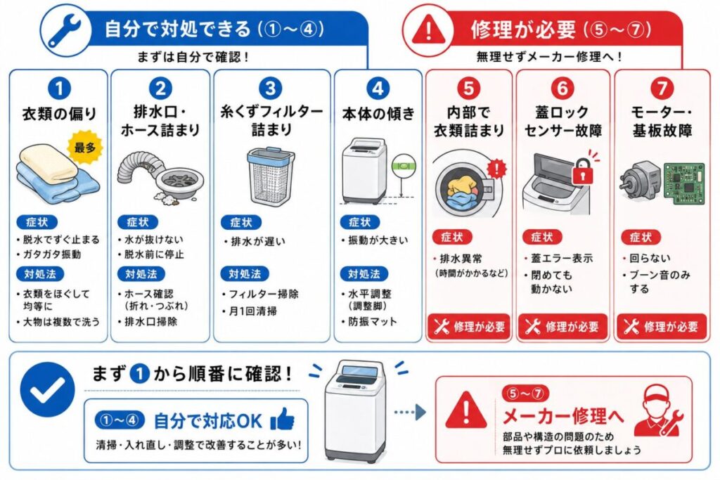 縦型洗濯機が脱水できない7つの原因と対処法