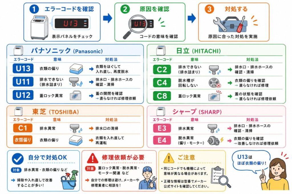 エラーコード別の原因と対処法【パナソニック・日立・東芝・シャープ】